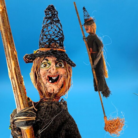 Wicked Witch Broom Stick Paper Mache Style Decor Raffia Primitive Halloween 34" - Picture 3 of 14
